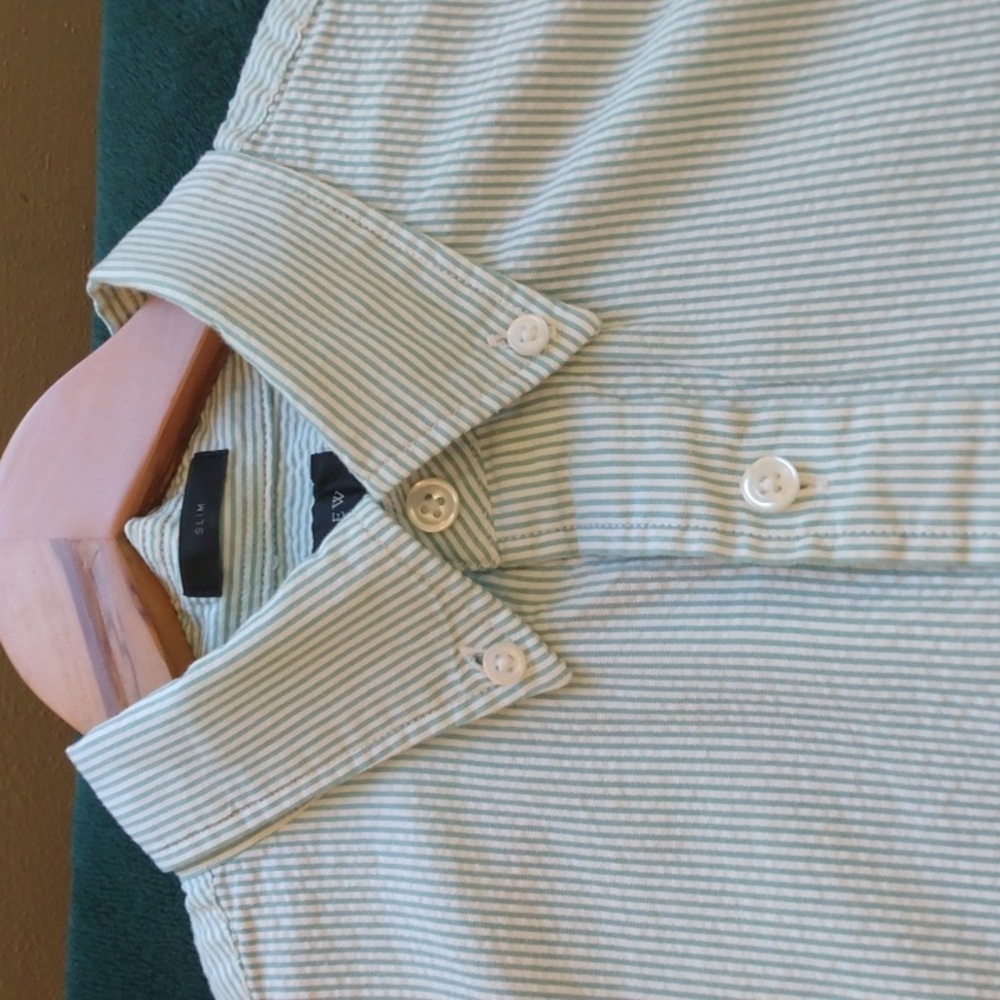 J Crew Medium Green/White Seersucker Cotton Summer Shirt (Slim Fit)